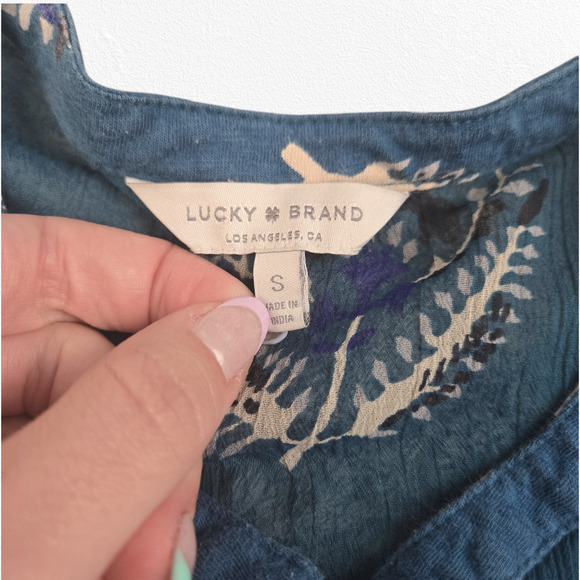 Y2K Lucky Brand Teal Blue Floral Peasant Blouse Boho Button Front Top Size Small - Picture 4 of 12